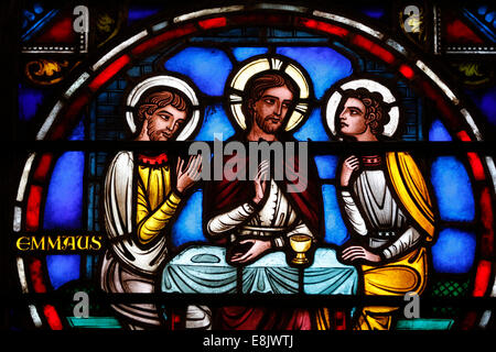 St Barth's church. Stained glass window. Super at Emmaus. Stock Photo