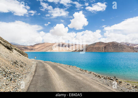 Stunning Pangong lake in Ladakh, India. The lake shares a border with Tibet in China. Stock Photo