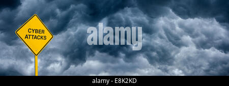 A Caution Sign in Front of Storm Clouds Warning of "Cyber Attacks." Wide Angle, panoramic view for web and billboards. Stock Photo