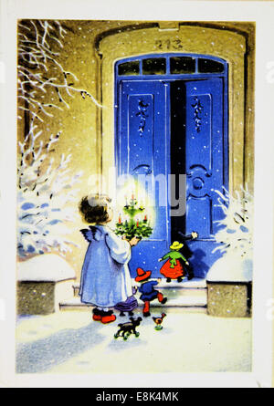Dec. 2, 2009 - Chrismas card printed in GDR shows girl with toys and Christmas tree near the door, circa 1958 © Igor Golovniov/ZUMA Wire/ZUMAPRESS.com/Alamy Live News Stock Photo