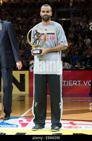 Berlin, Germany. 08th Oct, 2014. Tony Parker is elected MVP prior to the NBA Global Games match between Alba Berlin and San Antonio Spurs at O2 World in Berlin, Germany, 08 October 2014. Photo: Lukas Schulze/dpa/Alamy Live News Stock Photo