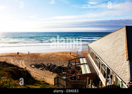 Jamie Oliver Oliver's Fifteen restaurant building Watergate Bay Cornwall uk England exterior outside beach beachfront front sea Stock Photo