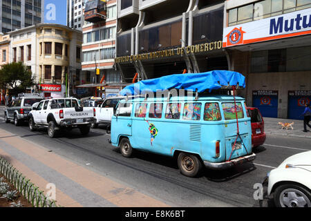 Blue Volkswagen Type 2 camper van with Uruguay number plate in traffic queue in Av 16 de Julio / El Prado, La Paz, Bolivia Stock Photo