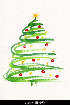 Hand drawn fir tree decorated with lights and balls. Merry Christmas ...