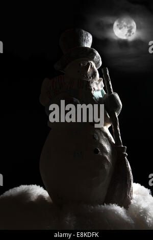 A decorative snowman in the dark, cold outdoors during the holiday season. Stock Photo