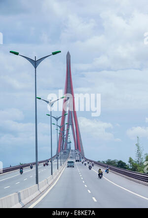 Look through the Y-shaped suspension towers of Can Tho Bridge over the Hau River. Stock Photo