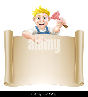 A plumber or janitor holding a rubber plunger peeping over a scroll banner and pointing Stock Photo