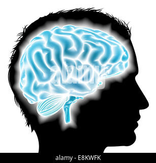 A mans head in silhouette with a glowing brain. Concept for mental, psychological development, brain development, learning and e