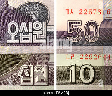 Detail from North Korean banknotes showing Korean (Hangul) numerals 10 and 50 Stock Photo