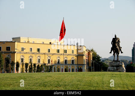 Tirana main square with the statue of Skanderberg, Albania Stock Photo