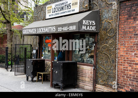 Locksmith shop in Greenwich Village, New York, with facade of metal sculpture made with keys by the owner, Phil Mortillaro. Stock Photo