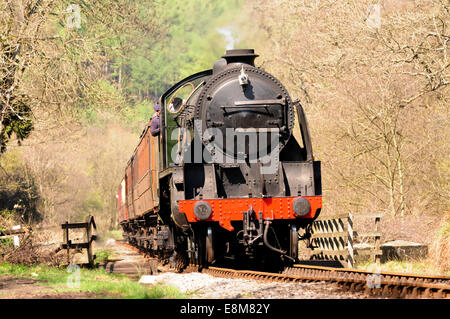 Steam train approaching Levisham on the North Yorkshire Moors Railway, hauled by preserved Southern Class S15 loco No 825. Stock Photo