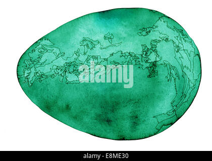 Cosmic egg, emerald green watercolor painting with fine ink lines in black, isolated on white Stock Photo