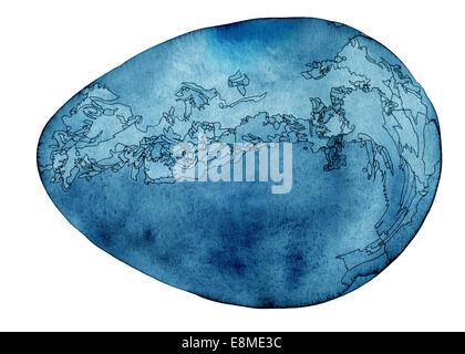 Cosmic egg, blue watercolor painting with fine ink lines in black, isolated on white Stock Photo