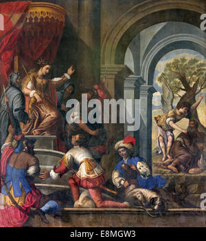 Padua - Paint of Old Testamnet scene with prophet Elijah and  queen Jezebel in church Basilica del Carmine. Stock Photo