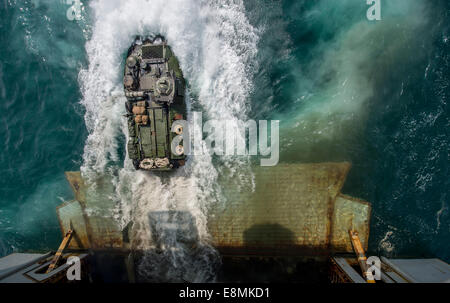 Arabian Gulf, August 24, 2014 - Marines aboard an amphibious assault vehicle (AAV) exit the well deck of the amphibious assault Stock Photo