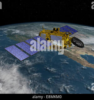 Artist's concept of the U.S./European Jason-3 spacecraft over the California coast.  Jason-3 is the fourth mission in U.S.-Europ Stock Photo