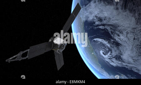 Artist's concept of NASA's Juno spacecraft during its Earth flyby gravity assist. On Earth below, the southern Atlantic Ocean is Stock Photo