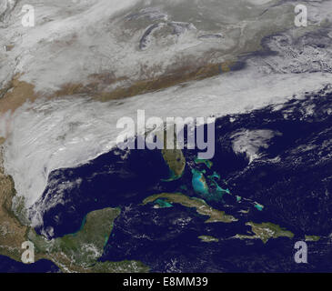 February 11, 2014 - Satellite view of storm clouds over the southeastern United States. The winter storm brought snow, sleet, ic Stock Photo