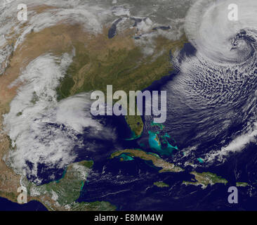 March 26, 2014 - Satellite view of a strong coastal storm off the coast of New England, United States. Stock Photo