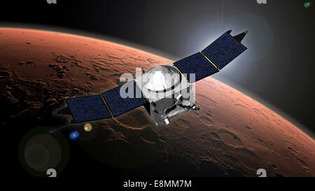 An artist concept of NASA's Mars Atmosphere and Volatile Evolution (MAVEN) mission. Stock Photo