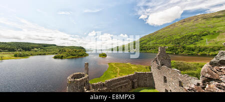 A panoramic image of Loch Awe as viewed from Kilchurn Castle, a ruined 15th century structure on the banks of Loch Awe, in Argyl Stock Photo