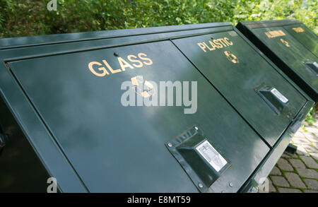 Row of recycle bins at a nature center Stock Photo