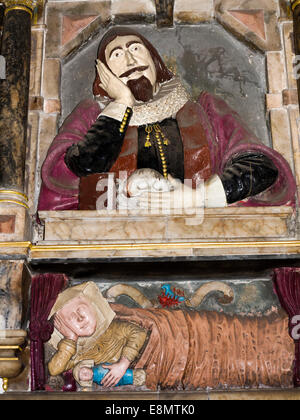 UK, England, Devon, Barnstaple church, memorial showing man with skull, wife and child below Stock Photo