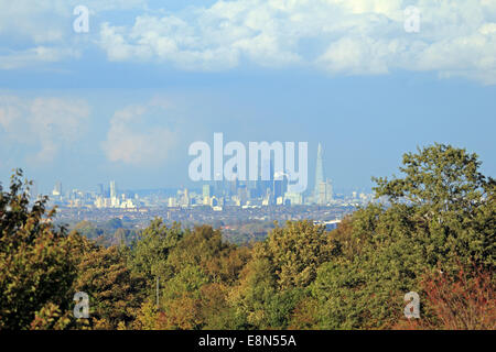 Epsom Downs, Surrey, UK. 11th October 2014. On day of sunshine and showers, a huge storm cloud formed over London. When the rain cleared the view of the city was spectacular from Epsom Downs which is approximately 15 miles south of London. Credit:  Julia Gavin UK/Alamy Live News Stock Photo