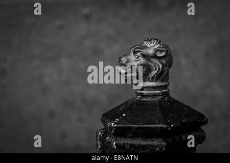 Close up of ornate, cast iron boot scraper with decorative lion head in black and white. Stock Photo
