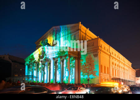 Moscow, Russia. Saturday, Oct. 11th, 2014. The IV Circle Of Light international festival is under way in Moscow. The video mapping show begins on the Bolshoi theater facade. Credit:  Alex's Pictures/Alamy Live News Stock Photo
