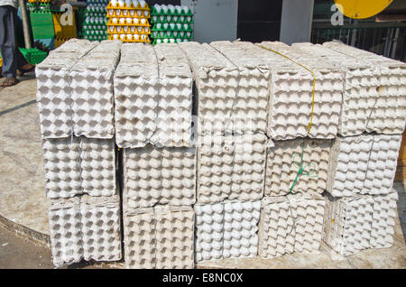 big stack empty egg boxes in Mumbay Bombay street  market bazaar, India Stock Photo