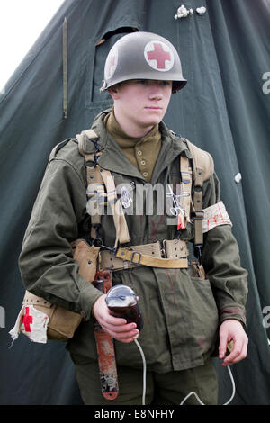 Pickering, Yorkshire, UK. 11th October, 2014. (NYMR) ‘Wartime Weekend’ on the 11th October, 2014.  Costumed Soldiers and Re-enactors at the Pickering War and Wartime Weekend, North Yorkshire, UK.  British, Soviet, US, German and Americans lived, trained and fought in a realistic living history camps and battle re-enactments. Firing demonstrations, vehicle runs, a T34 Tank and tactical displays took place in the battle field. Credit:  Cernan Elias/Alamy Live News Stock Photo