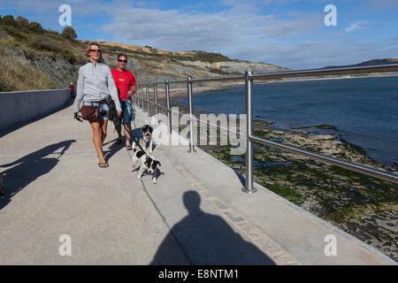 Couple walk their dog along the top of the sea defences near Lyme Regis, with the cliffs of the World Heritage Jurassic coast. Stock Photo