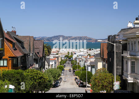 Looking down a street in Lower Pacific Heights, San Francisco, toward San Francisco Bay Stock Photo