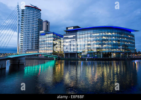 General view of Media City UK, home of the BBC, on the banks of the Manchester Ship Canal in Salford, Manchester. Stock Photo