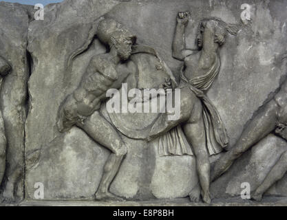 Mausoleum at Halicarnassus. 353-350 BC. Combat with the Amazons. Bas-reliefs by Scopas.  British Museum. London. Stock Photo