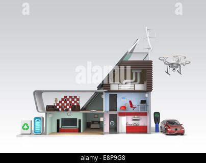 Smart house with energy efficient appliances, solar panels and wind turbines.Copy space available. Stock Photo