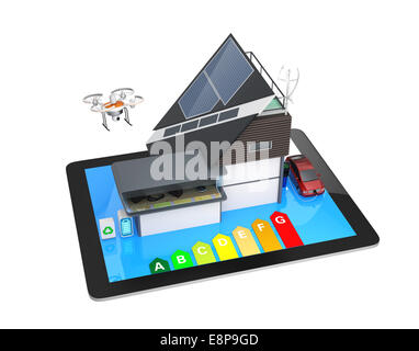 Smart house on a tablet PC isolated on white background, with energy rating chart. Stock Photo