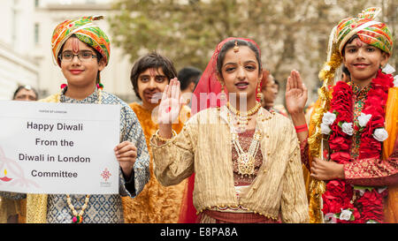 London, UK, 12 October 2014.  Children dressed as Lord Rama, his wife Sita and brother Lakshmana took part in the Children's parade to kick off the  annual Diwali Festival in Trafalgar Square.    Credit:  Stephen Chung/Alamy Live News Stock Photo