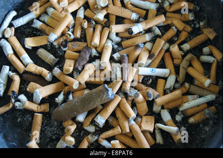 A ash tray show the level of nicotine dependence outside a building of a company.