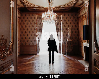 Silhouette of young woman standing in middle of luxurious room Stock Photo
