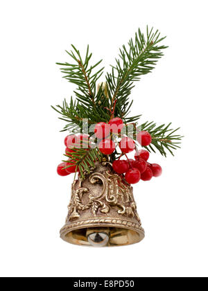 Christmas bell decorated with fir branches and berries isolated on a white background