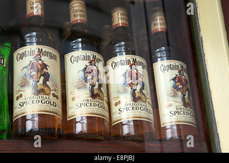 Captain Morgan Spiced Rum in Bar Window Stock Photo