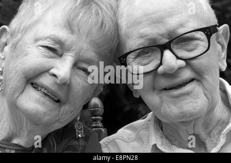 Close up black and white portrait of an elderly married couple. Stock Photo