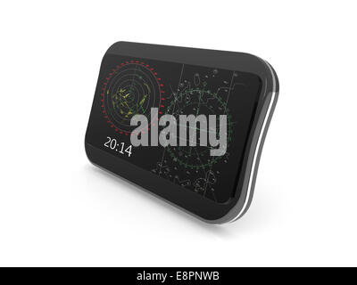 New black shining digital personal navigator isolated on white background with radar image and electronic chart fragment Stock Photo