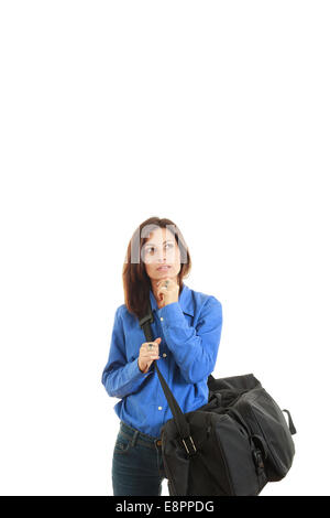 Thoughtful woman with travel bag going on business trip imagining
