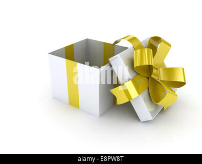 Gold ribbon open gift box on white background Stock Photo