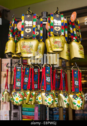 Cowbells on display in a gift shop in the Alps, France, Europe Stock Photo