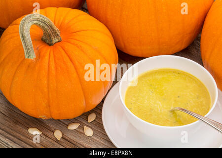 pumpkin cream soup - a bowl surrounded by pumpkins on a rustic wooden table Stock Photo